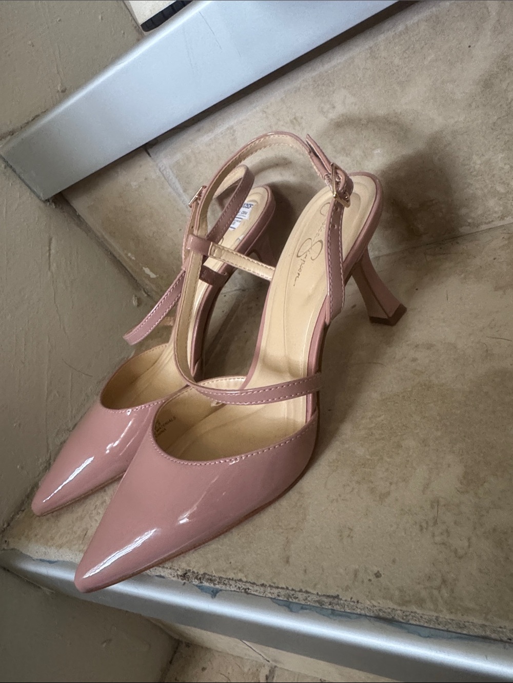 Jessica Simpson Patent Pointed-Toe Slingback Heels in Blush Pink